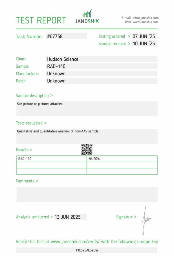 RAD140 10MG X 50 - Hudson Science (Certificate of Analysis, Second Image) - Image 2
