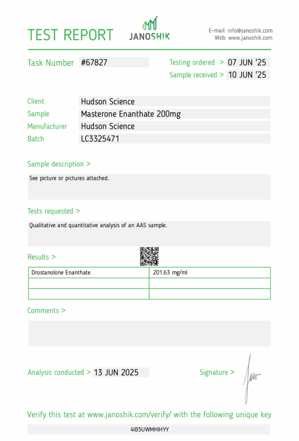 MAST E 200MG/ML - Hudson Science ( Certificate of analysis, second image ). Very limited quantity remaining. - Image 2