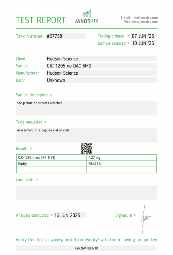 CJC-1295 no DAC 5mg [Pulsed GH release] - Hudson Science (Certificate of Analysis, Second Image) - Image 3