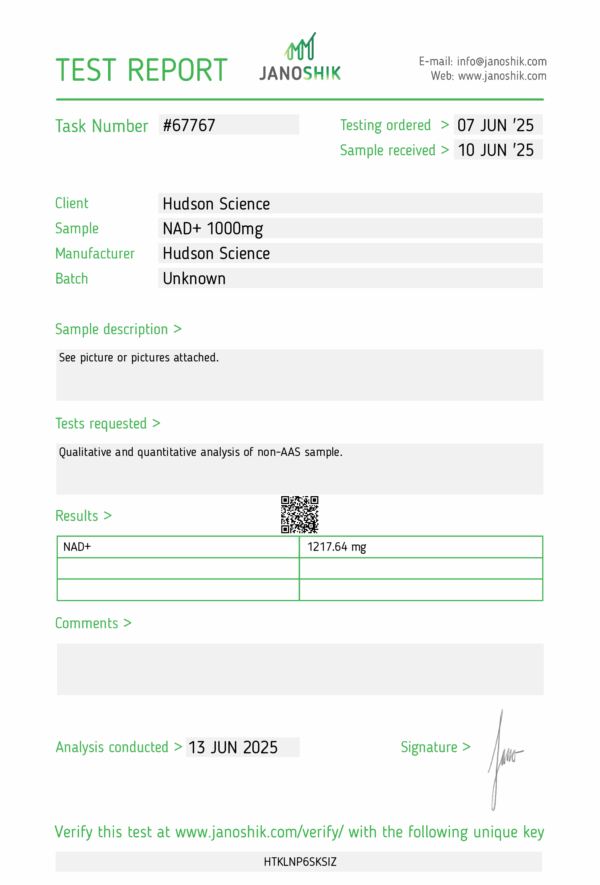 NAD + 1000mg [Cellular energy + longevity] - Hudson Science (Certificate of Analysis, Second Image) - Image 3