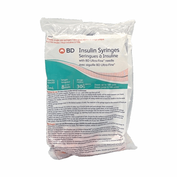 BD BRAND - INSULIN SYRINGE 30G 8mm / 1ML  [1 bag of 10 sealed syringes]