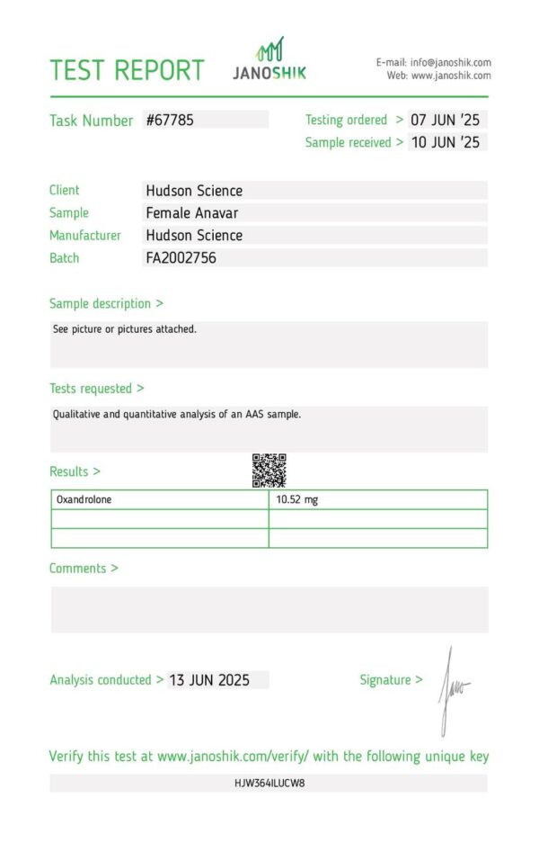 Female Anavar 10mg x 50 (Low Dose) - Hudson Science (Certificate of Analysis, Second Image) - Image 2
