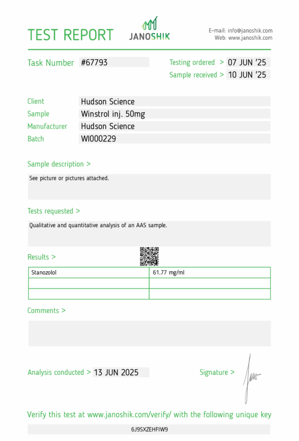 WINSTROL (STANOZOLOL) 50MG/ML – HUDSON SCIENCE (Certificate of Analysis, Second Image) - Image 2