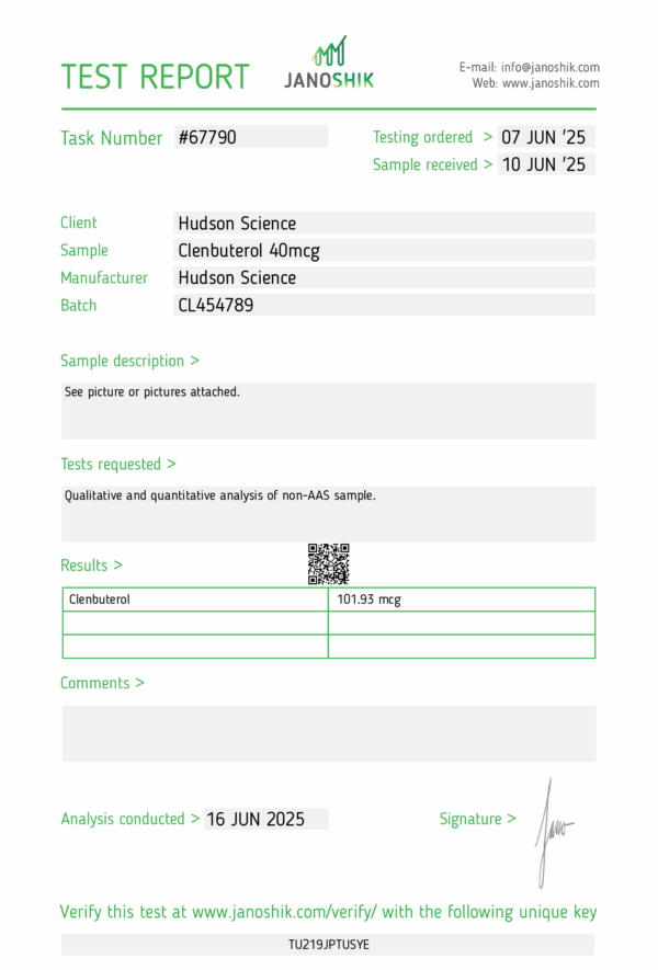 Clenbuterol 80 mcg x 50 - Hudson Science [STRONG BATCH] (Certificate of Analysis, Second Image) - Image 2