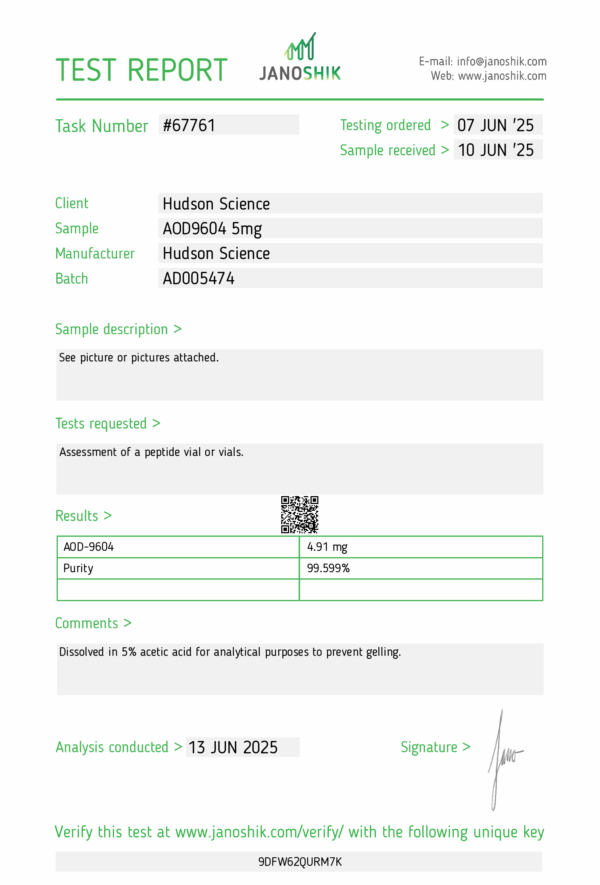AOD9604 5mg + ACETIC ACID WATER [Targeted fat breakdown] - Hudson Science (Certificate of Analysis, Second Image) - Image 3