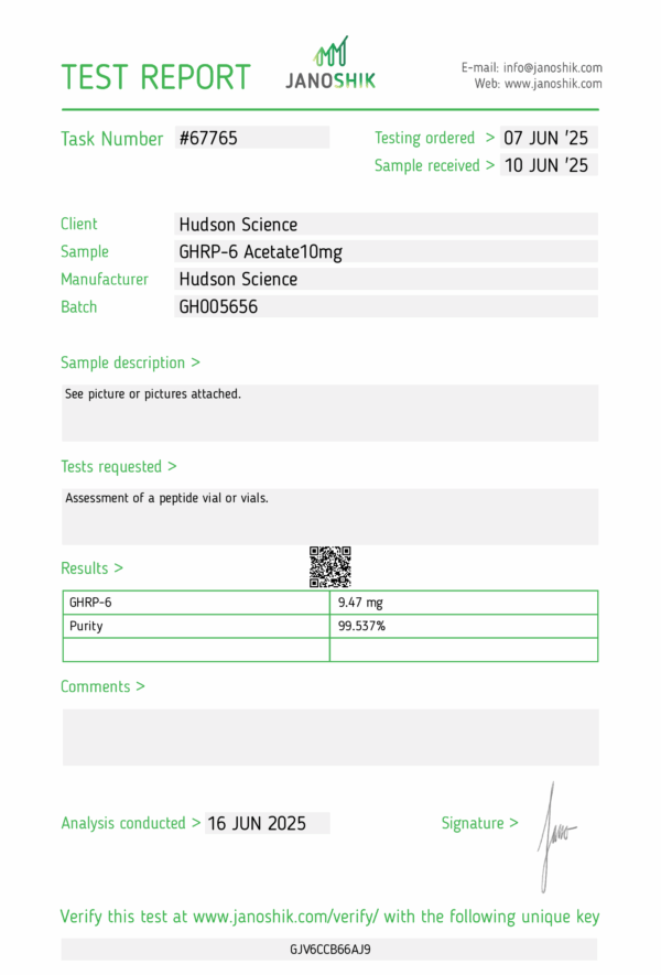 GHRP-6 10mg [Appetite + GH boost] – Hudson Science (Certificate of Analysis, Second Image) - Image 3