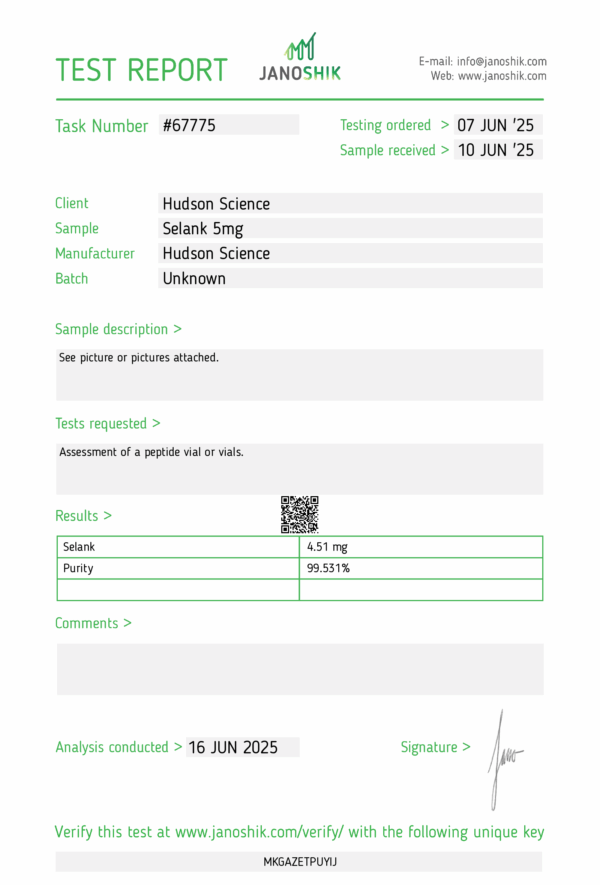 Selank 5mg [Nootropic mental clarity + performance] - Hudson Science (Certificate of Analysis, Second Image) - Image 3
