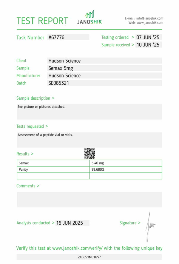 Semax 5mg [Nootropic memory + resilience enchancer] - Hudson Science (Certificate of Analysis, Second Image) - Image 3