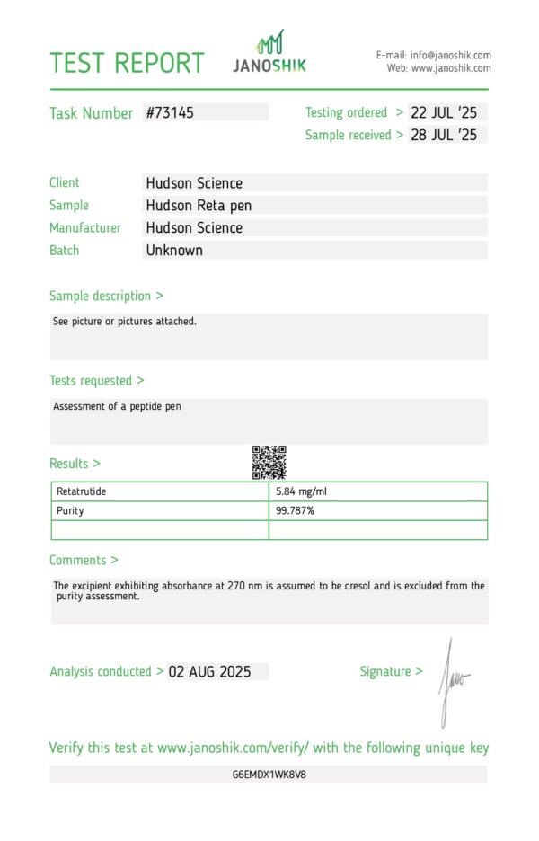 Retatrutide Injection Pen 16mg | Adjustable dosage - 1mg / 2mg / 4mg (5.84mg/mL as per test) [Next-gen weight loss] - Hudson Science (third-party test second image) - Image 2