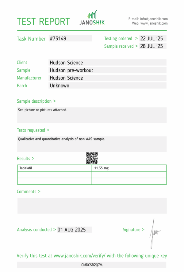 PREWORKOUT (Cialis Low Dose) 10MG X 50 - Hudson Science (Certificate of Analysis, Second Image. UPDATED) - Image 3