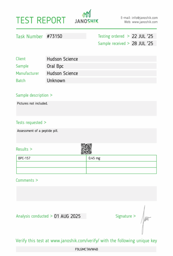 BPC-157 ARG - 500mcg x 50 Tablets (Certificate of Analysis, Second Image) - Hudson Science - Image 2