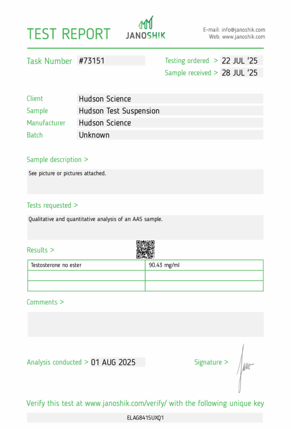 Testosterone Suspension 100mg/mL - Hudson Science (Certificate of Analysis, Second Image) - Image 2