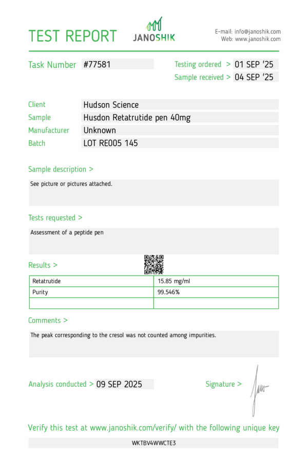 Retatrutide Injection Pen 40mg | Adjustable dosage – 2.5mg / 5mg / 10mg (13.33mg/mL) [Next-gen weight loss] - Hudson Science ( Certificate of analysis, second image ) - Image 2